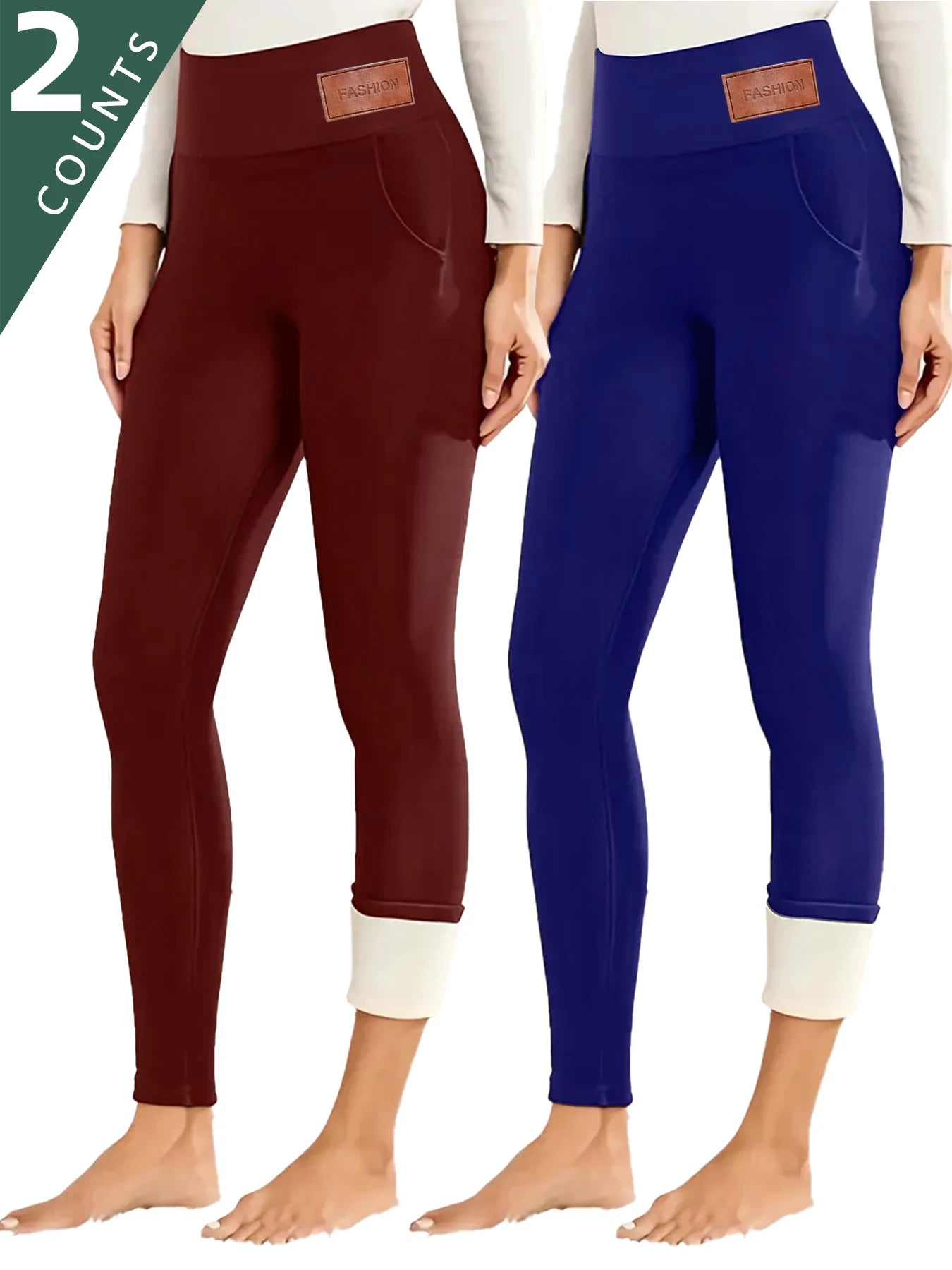 2-Pack Women's Thermal Fleece Leggings (Red & Blue)- High Waist Tummy Control Yoga Pants,Fleece-Lined Thermal Leggings