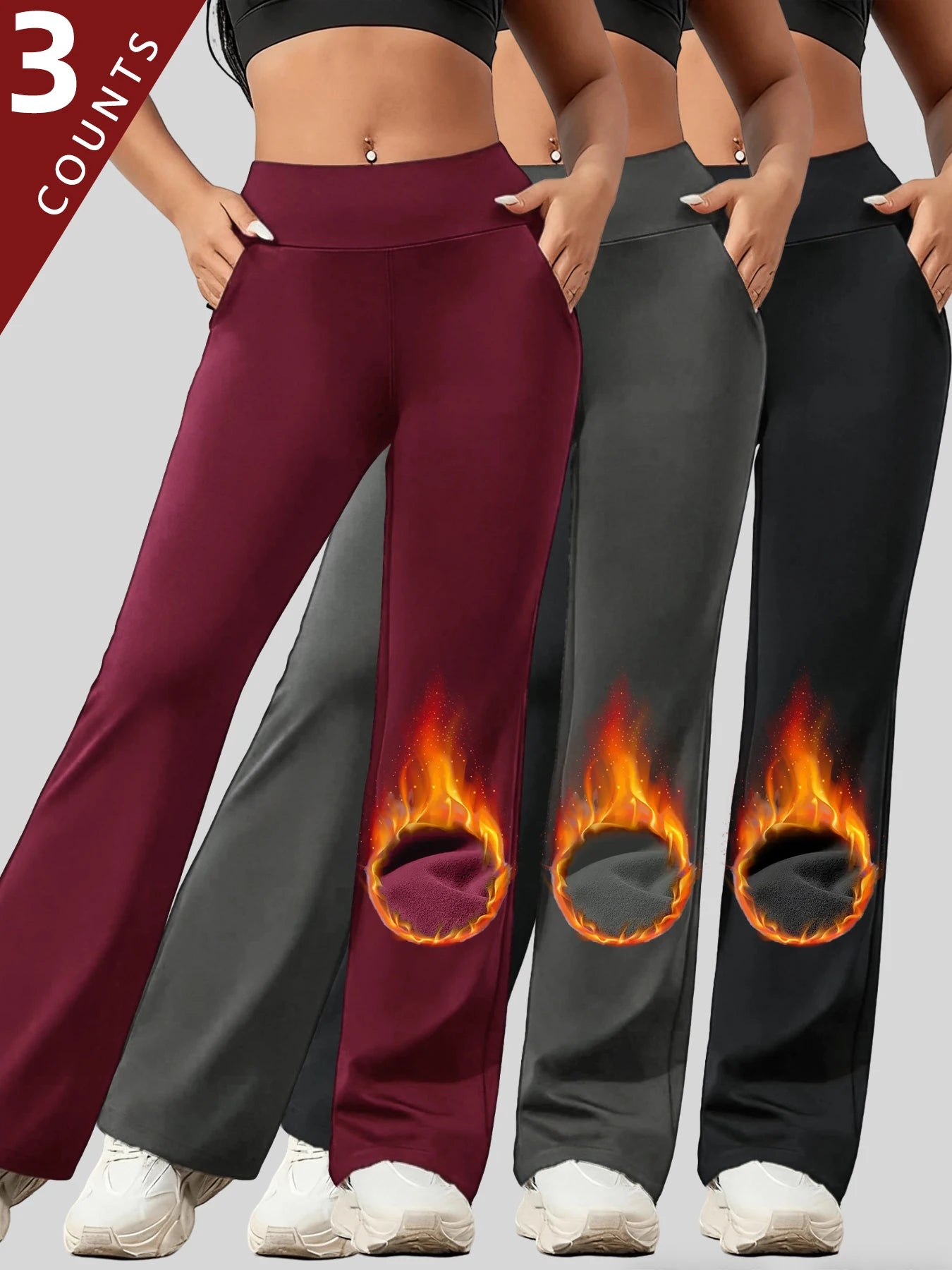 3PCS Women's High Waist Fleece-lined  Bell Bottom Sports Yoga Pants Stretch