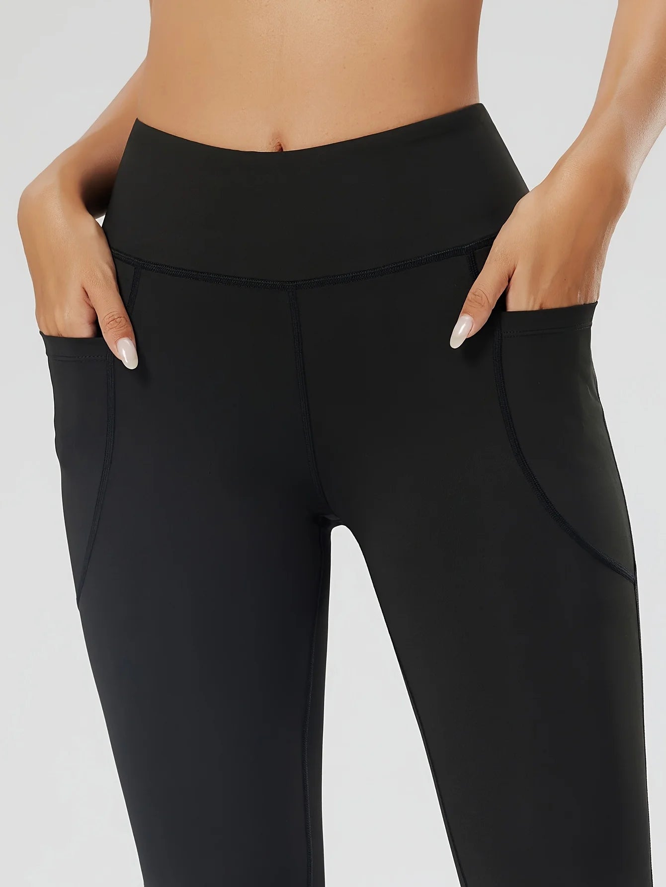 2-Pack Women's High-Waisted Yoga Pants, Solid Color, Double Pocket, Stretch Waistband, Elastic, Athletic, Tight Fit, 9-Inch Leng