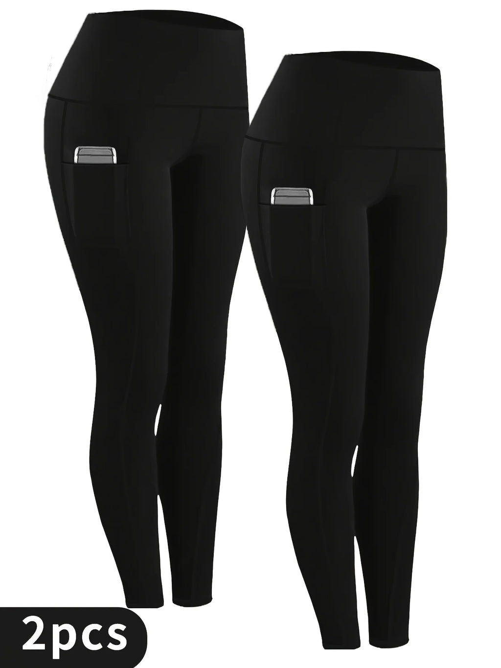 2-Pack Women's High-Waisted Yoga Pants, Solid Color, Double Pocket, Stretch Waistband, Elastic, Athletic, Tight Fit, 9-Inch Leng
