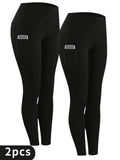 2-Pack Women's High-Waisted Yoga Pants, Solid Color, Double Pocket, Stretch Waistband, Elastic, Athletic, Tight Fit, 9-Inch Leng