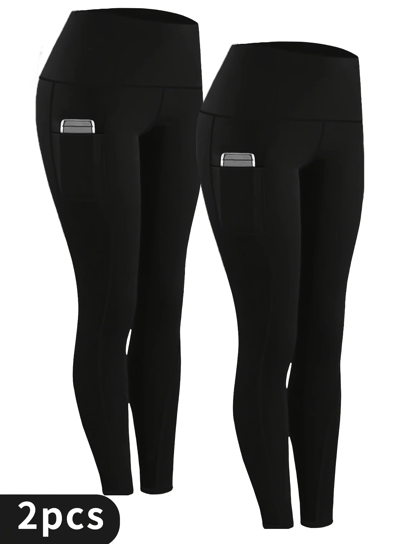 2-Pack Women's High-Waisted Yoga Pants, Solid Color, Double Pocket, Stretch Waistband, Elastic, Athletic, Tight Fit, 9-Inch Leng