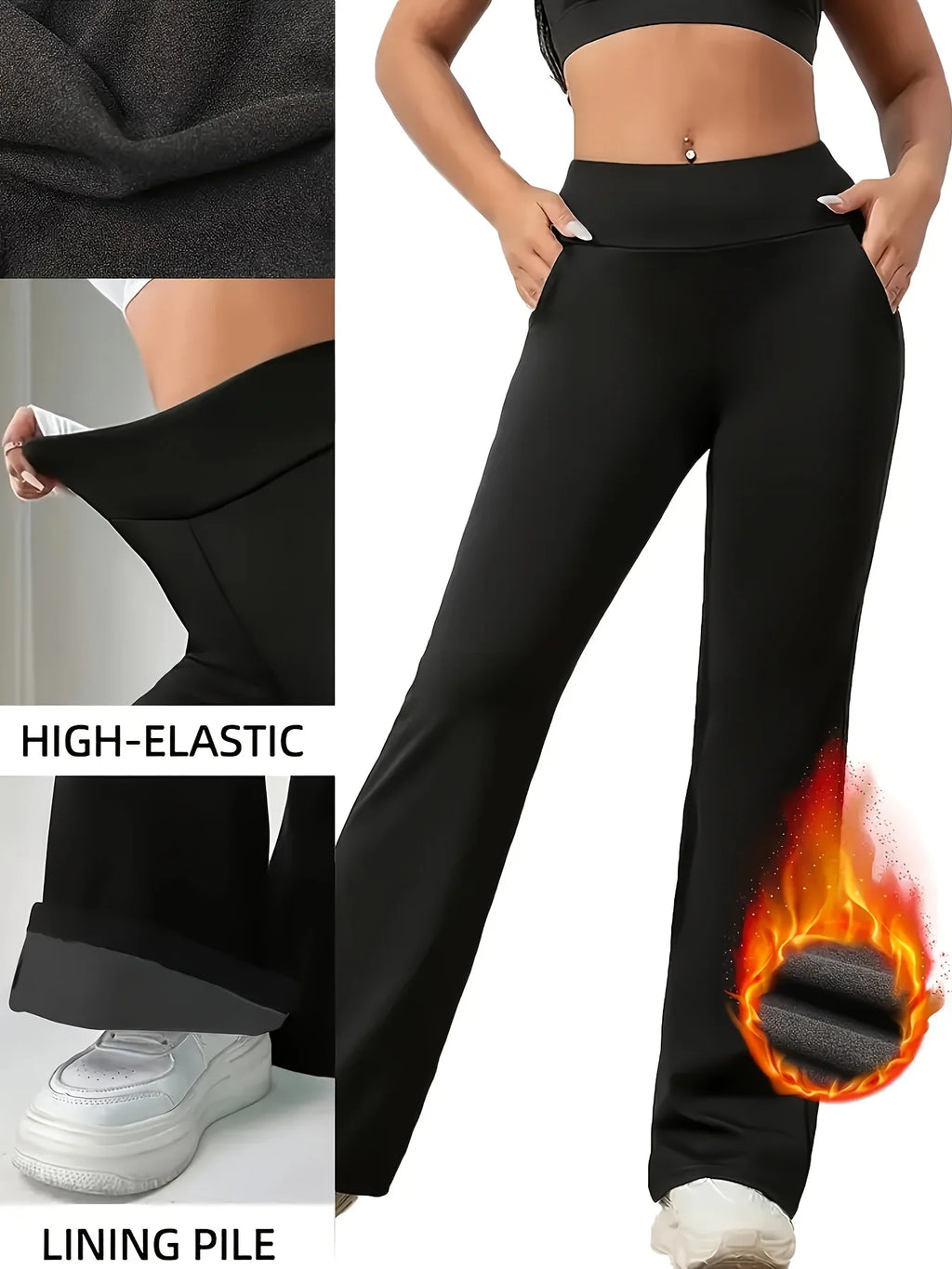 Women's 3-Pack Black Fleece Wide Leg Pants High Waist Thickened Warm Trousers for Daily Wear & Lounge