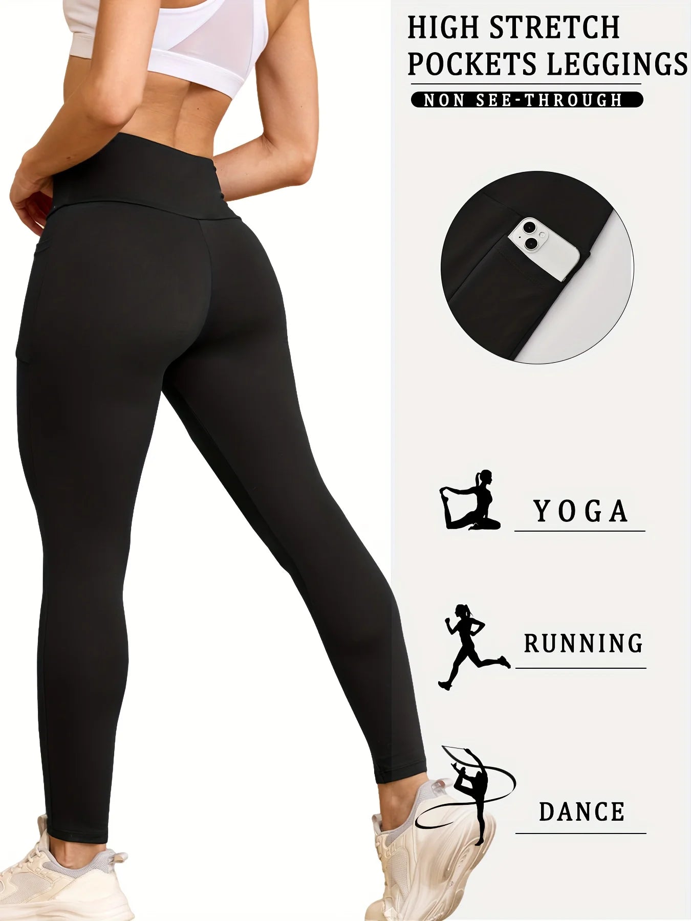 2-Pack Women's High-Waisted Yoga Pants, Solid Color, Double Pocket, Stretch Waistband, Elastic, Athletic, Tight Fit, 9-Inch Leng