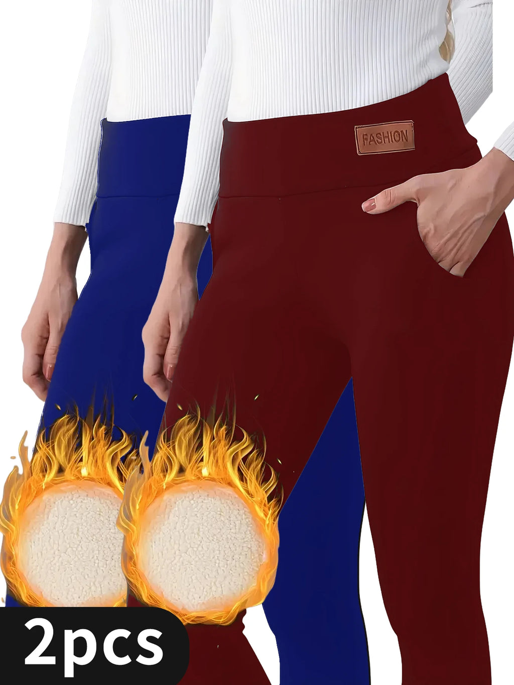 2-Pack Women's Thermal Fleece Leggings (Red & Blue)- High Waist Tummy Control Yoga Pants,Fleece-Lined Thermal Leggings