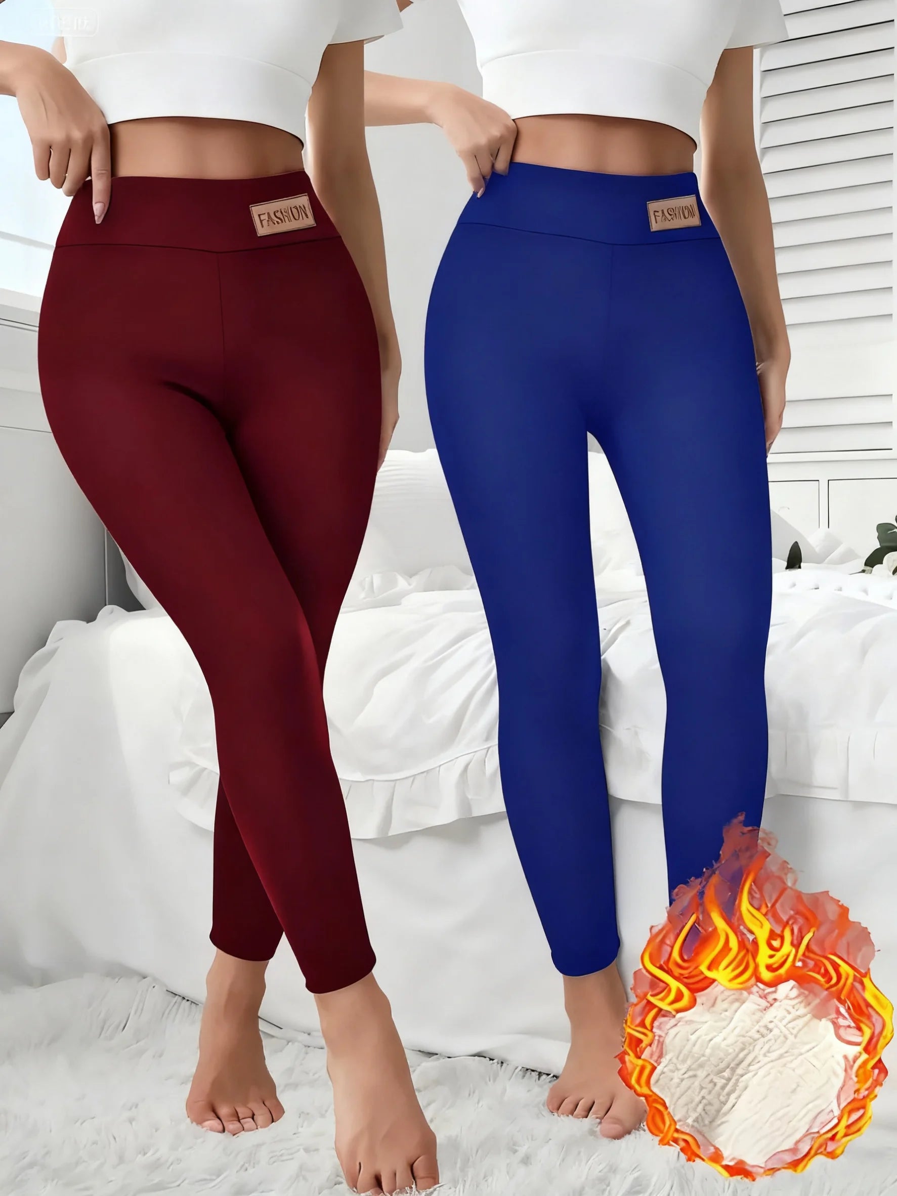2-Pack Women's Thermal Fleece Leggings (Red & Blue)- High Waist Tummy Control Yoga Pants,Fleece-Lined Thermal Leggings