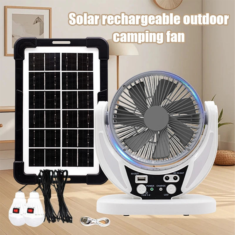 Solar-powered multifunctional fan, LED light bulb, USB charging, can charge mobile phones