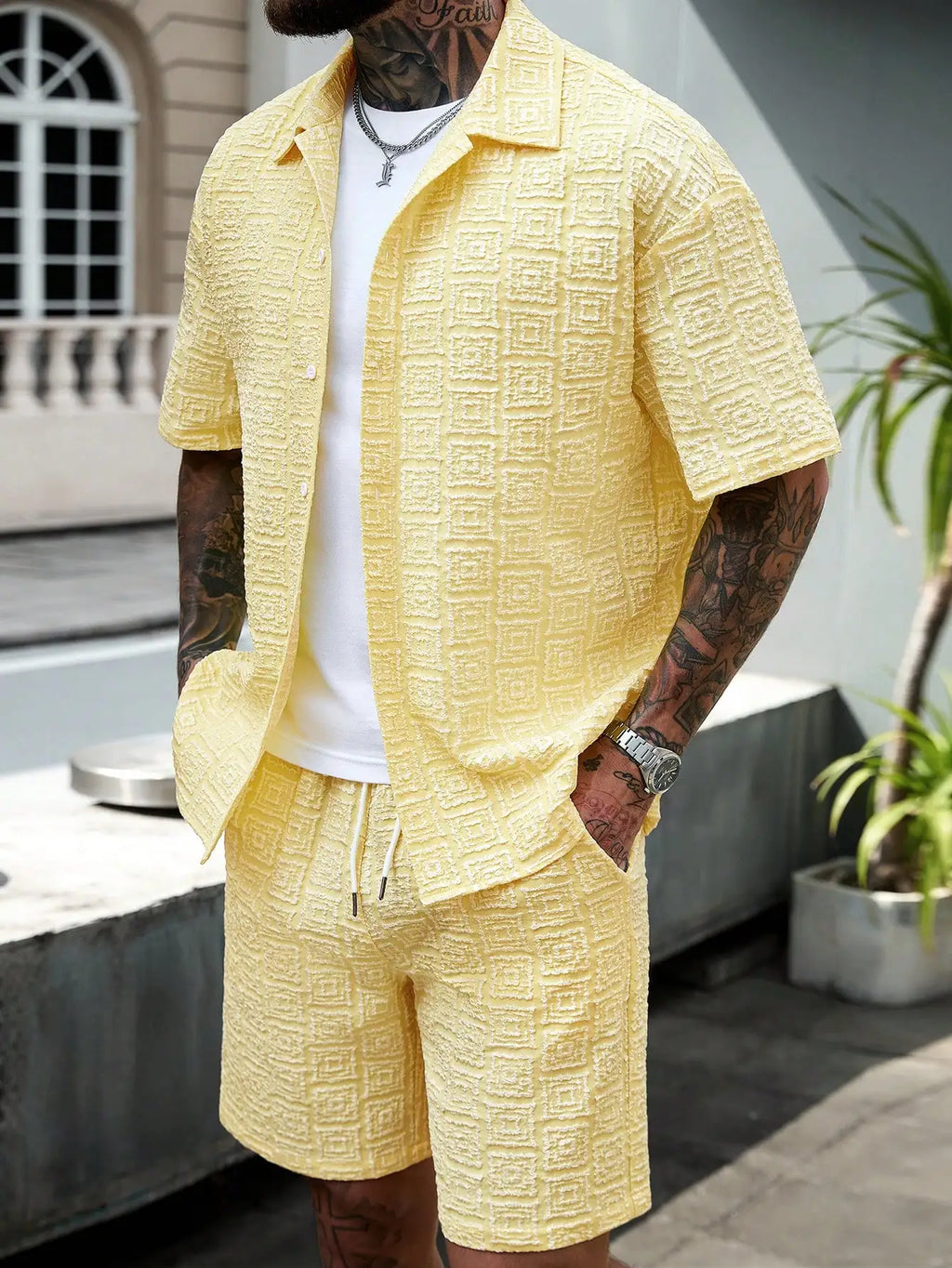Men's Plus Size Summer Textured Jacquard Set