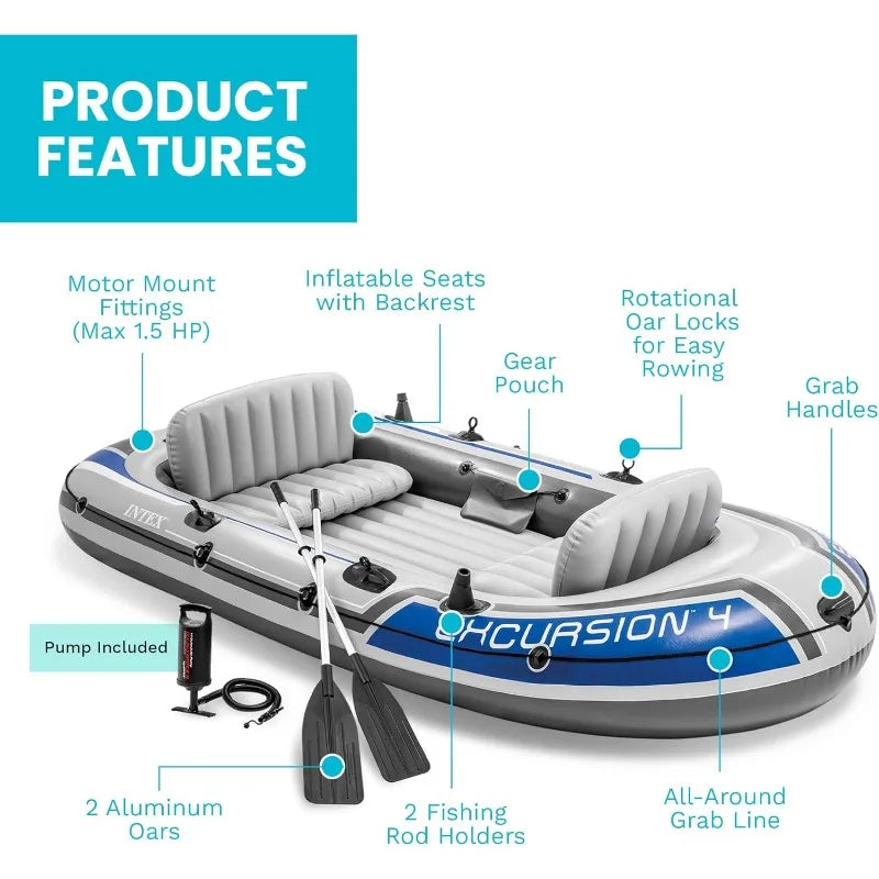 Excursion 4 Inflatable Boat Set: With 54in Boat Oars and High-Output Pump – Adjustable Seats