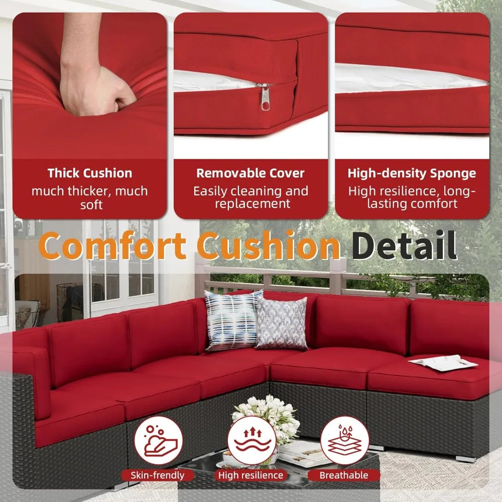 7-Piece Outdoor Patio Furniture Sofa Set Black Rattan Wicker Sectional with Glass Top Table and Cushions(Red)