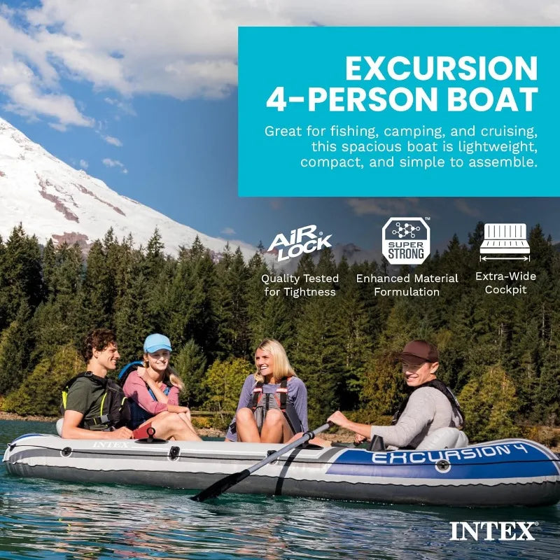 Excursion 4 Inflatable Boat Set: With 54in Boat Oars and High-Output Pump – Adjustable Seats