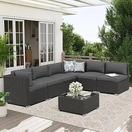 7-Piece Outdoor Patio Furniture Sofa Set Black Rattan Wicker Sectional with Glass Top Table and Cushions(Red)