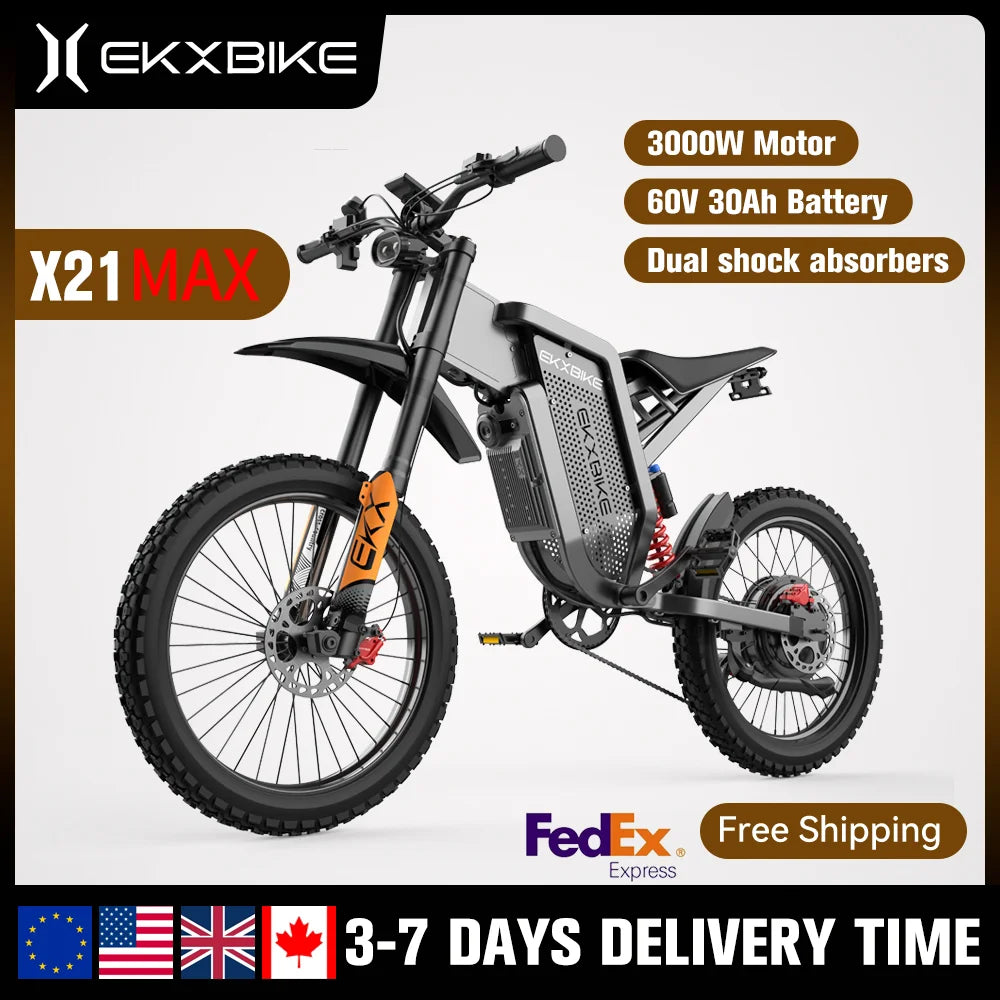 Adult Off Road Electric Bicycle 3000W Motors 60V30AH Lithium Battery Speed 85Kmh