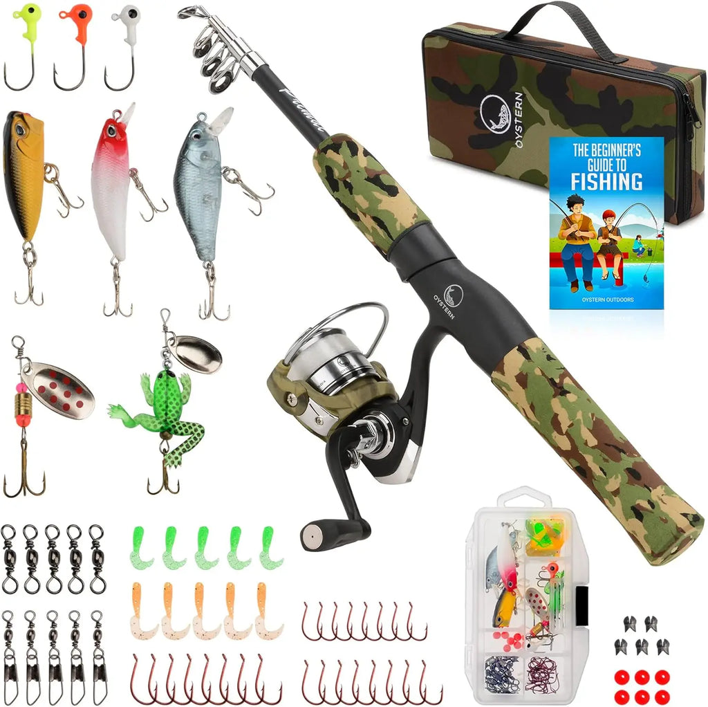Kids Fishing telescopic rod with Reel, Tackle Bag, and guide.
