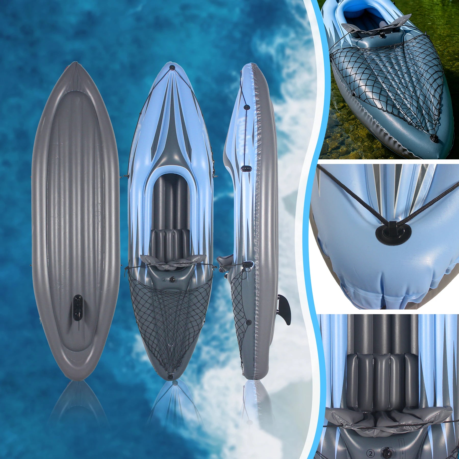 Inflatable 1 Person Adult Blue Canoe, with Paddles, Bag, Seats, High-Output Pump