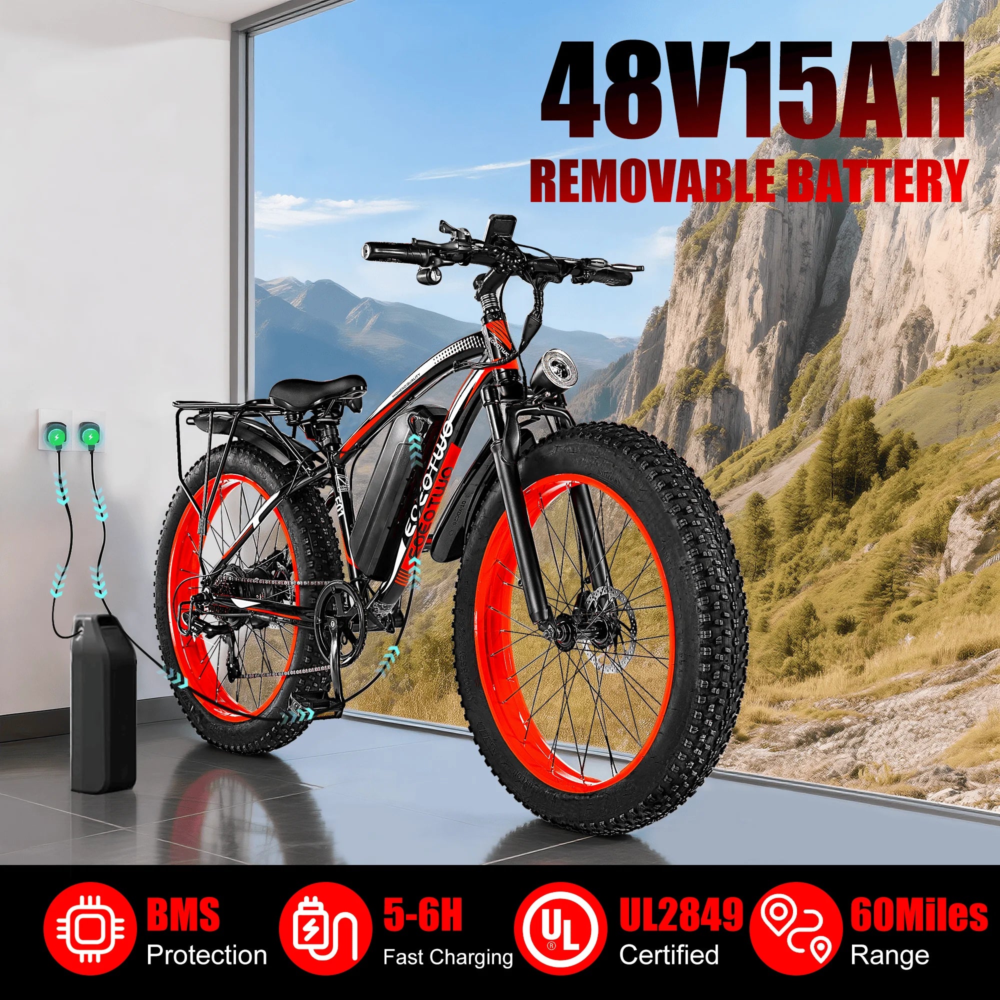 Adult 1500W 48V 15Ah Battery 26" 4.0 Fat Tire 34MPH Mountain Off-Road EBike