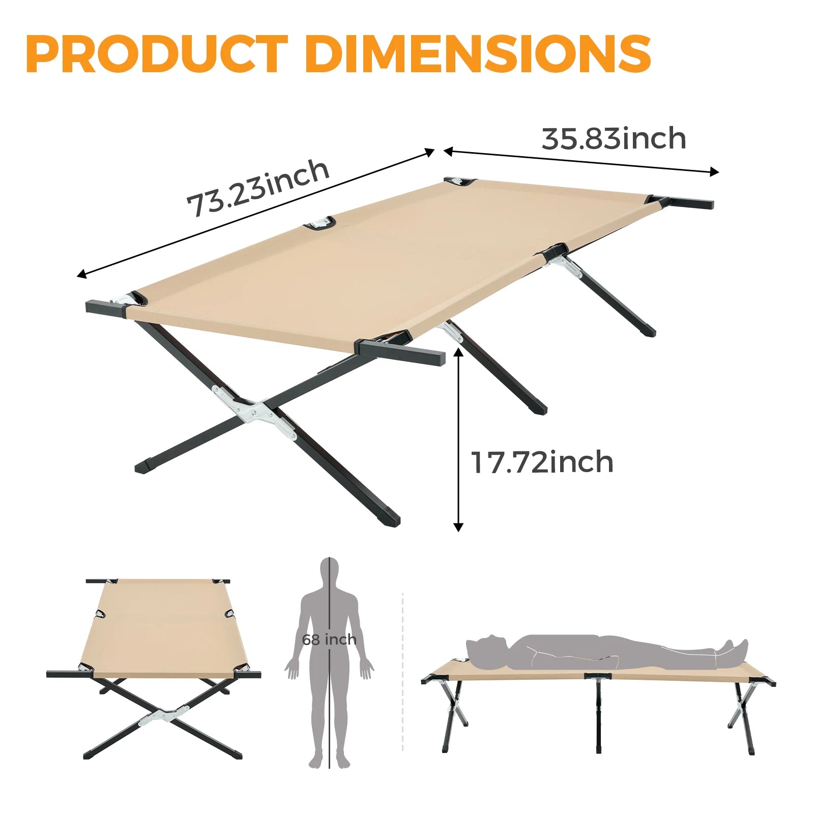 JHK Collapsible Camping Cot Lounge Chair 73" x 36" Portable Folding Sleeping Cot 300 LBS Capacity Sturdy Frame for Outdoor