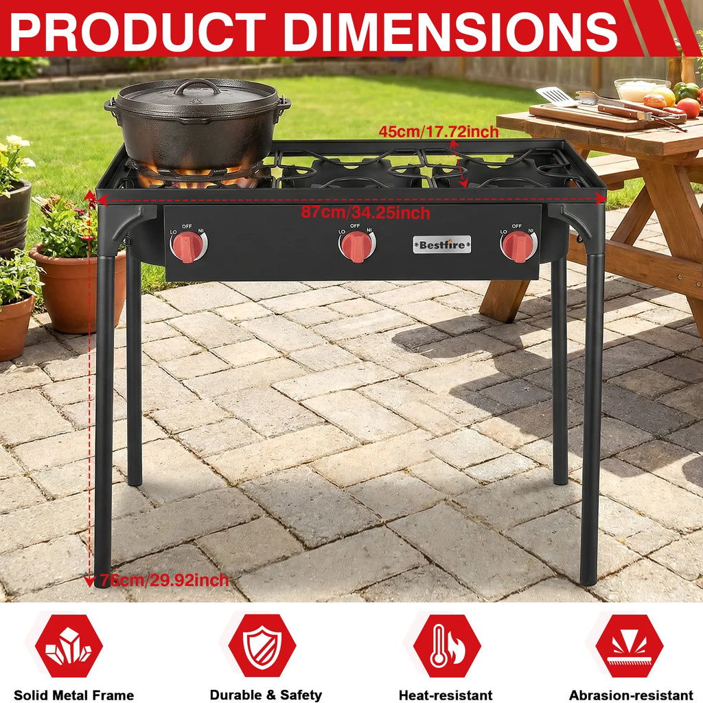 3 Burner Propane Camping Stove with Removable Legs Adjustable Regulator