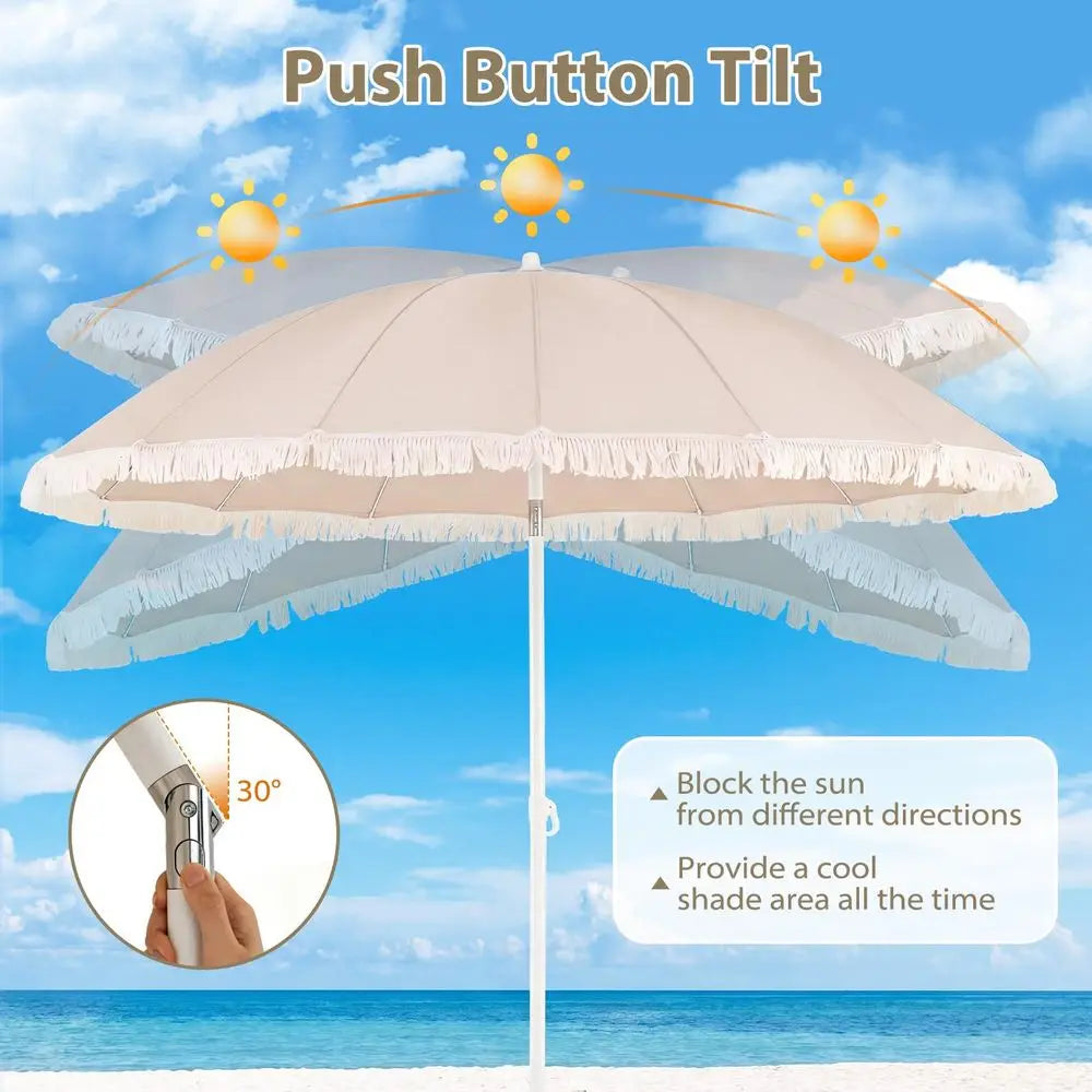 7FT Beach Umbrella with Fringe, Outdoor Boho Umbrella with Tassels, Push Button Tilt, Sand Anchor, 16 Ribs, Vintage Patio Umbre