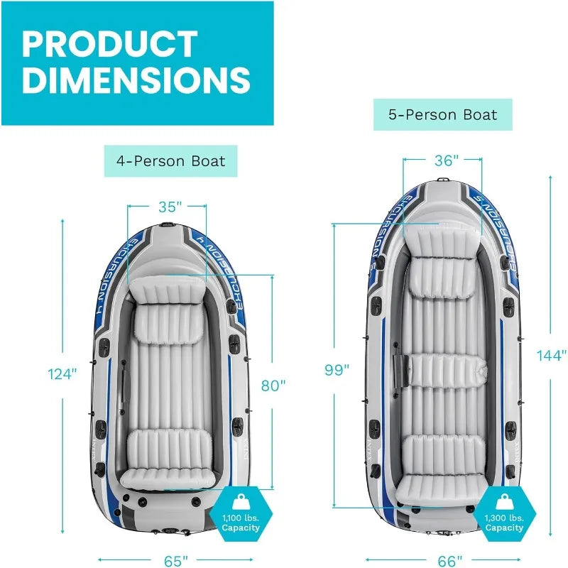Excursion 4 Inflatable Boat Set: With 54in Boat Oars and High-Output Pump – Adjustable Seats