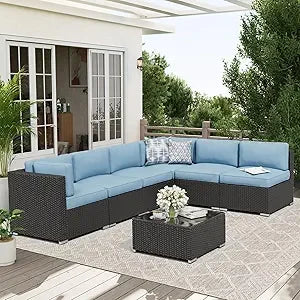 7-Piece Outdoor Patio Furniture Sofa Set Black Rattan Wicker Sectional with Glass Top Table and Cushions(Red)