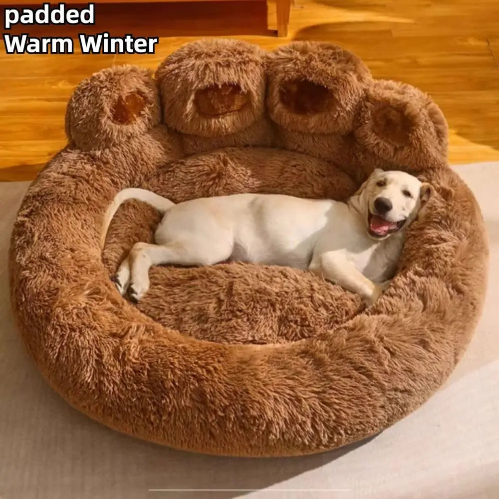Round Calming Dog Bed of Paw Shape, Pet Large Plush Dog Donut Bed for Small Medium Large Breed Dog, Soft and Cozy Doggie Bed, C