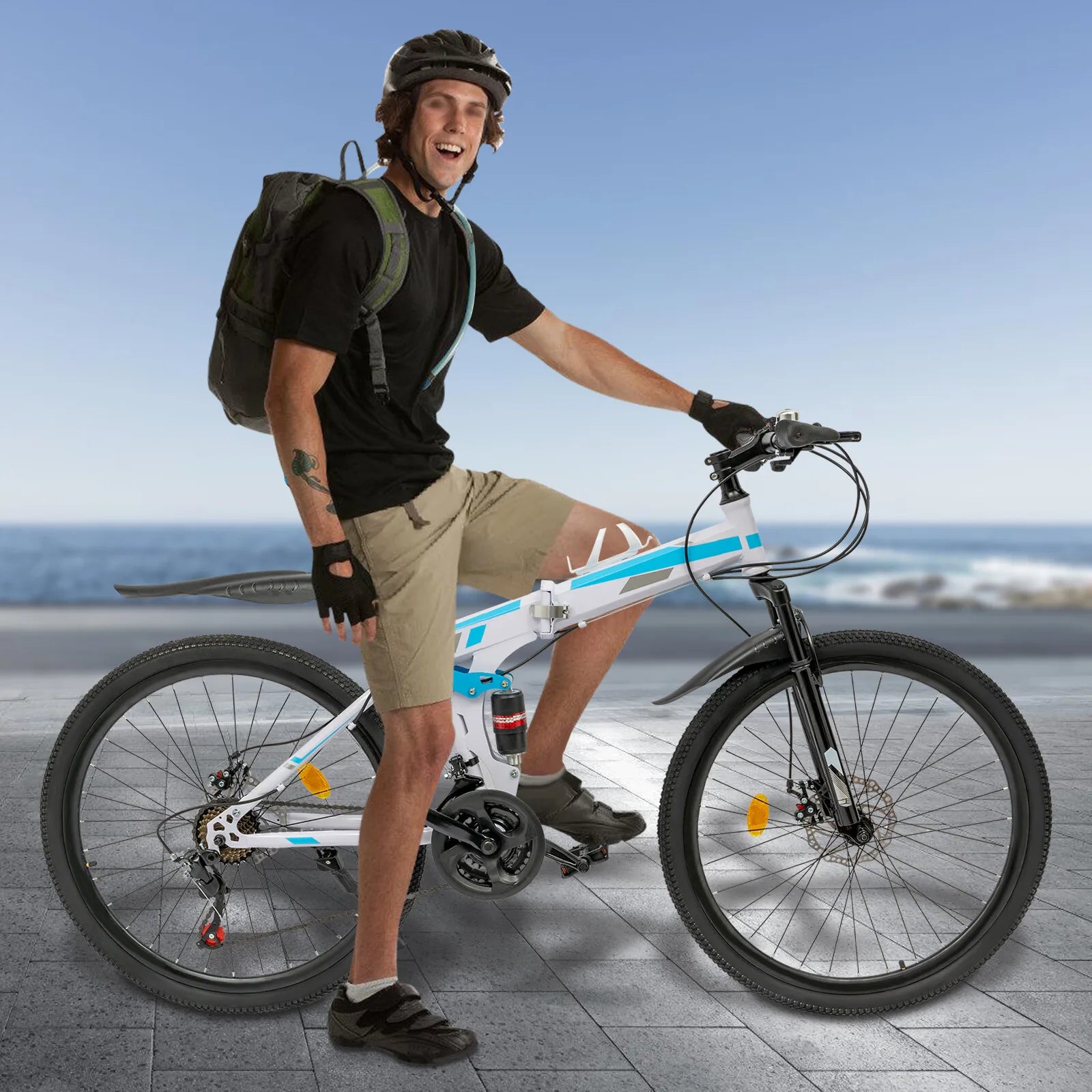 Foldable Mountain Bike High-Carbon Steel - 21-Speed Gear System&26In Wheel, Dual Disc Brakes&Dual Shock Absorbers