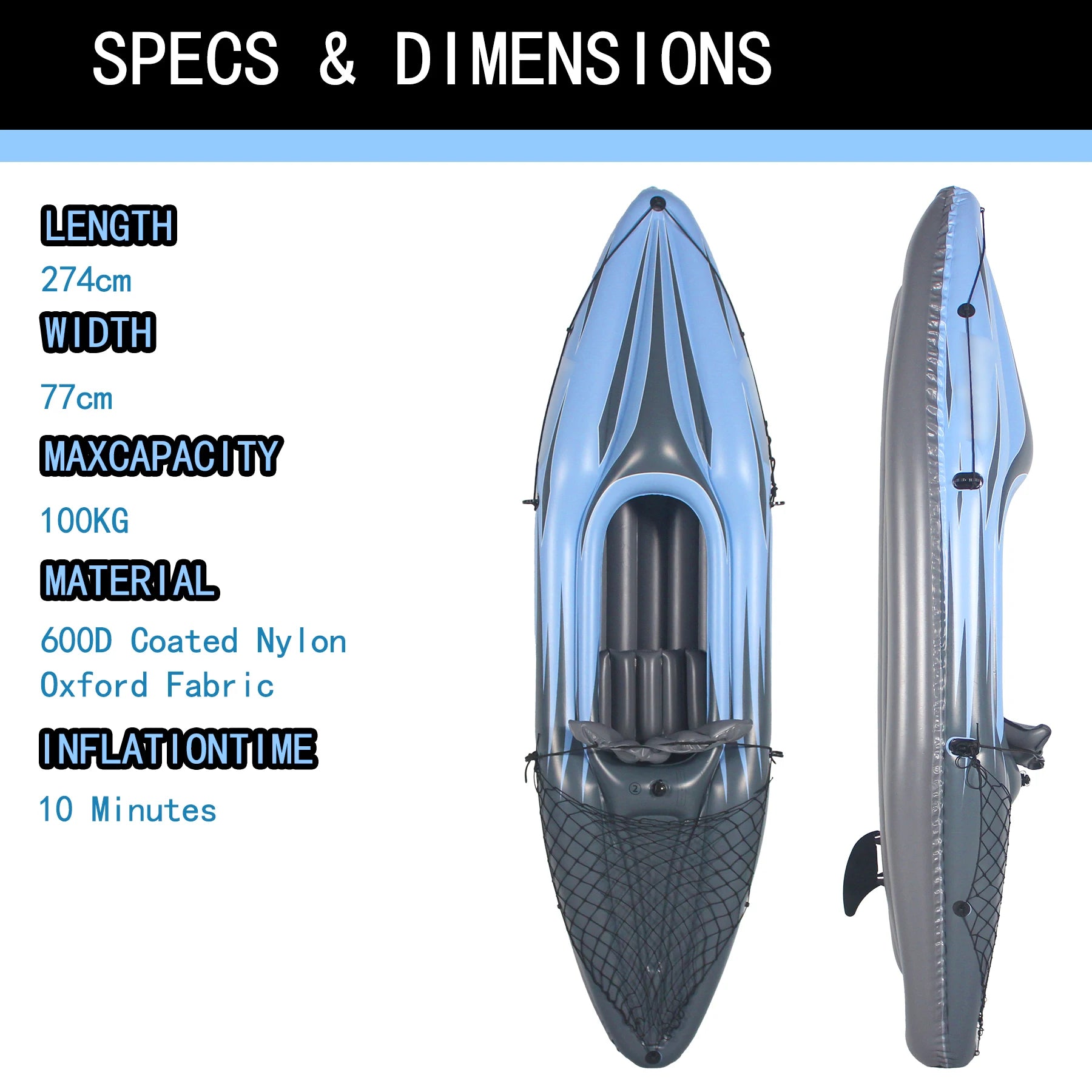 Inflatable 1 Person Adult Blue Canoe, with Paddles, Bag, Seats, High-Output Pump