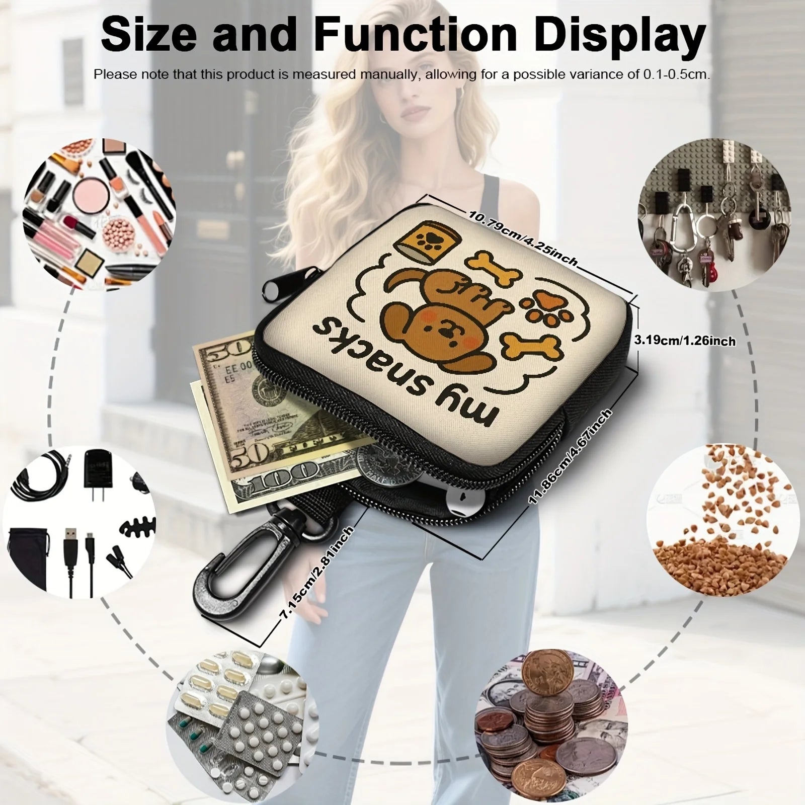 1 cute dog print dog snack bag, dog snack bag with hook and zipper, puppy training bag, dog portable snack bag
