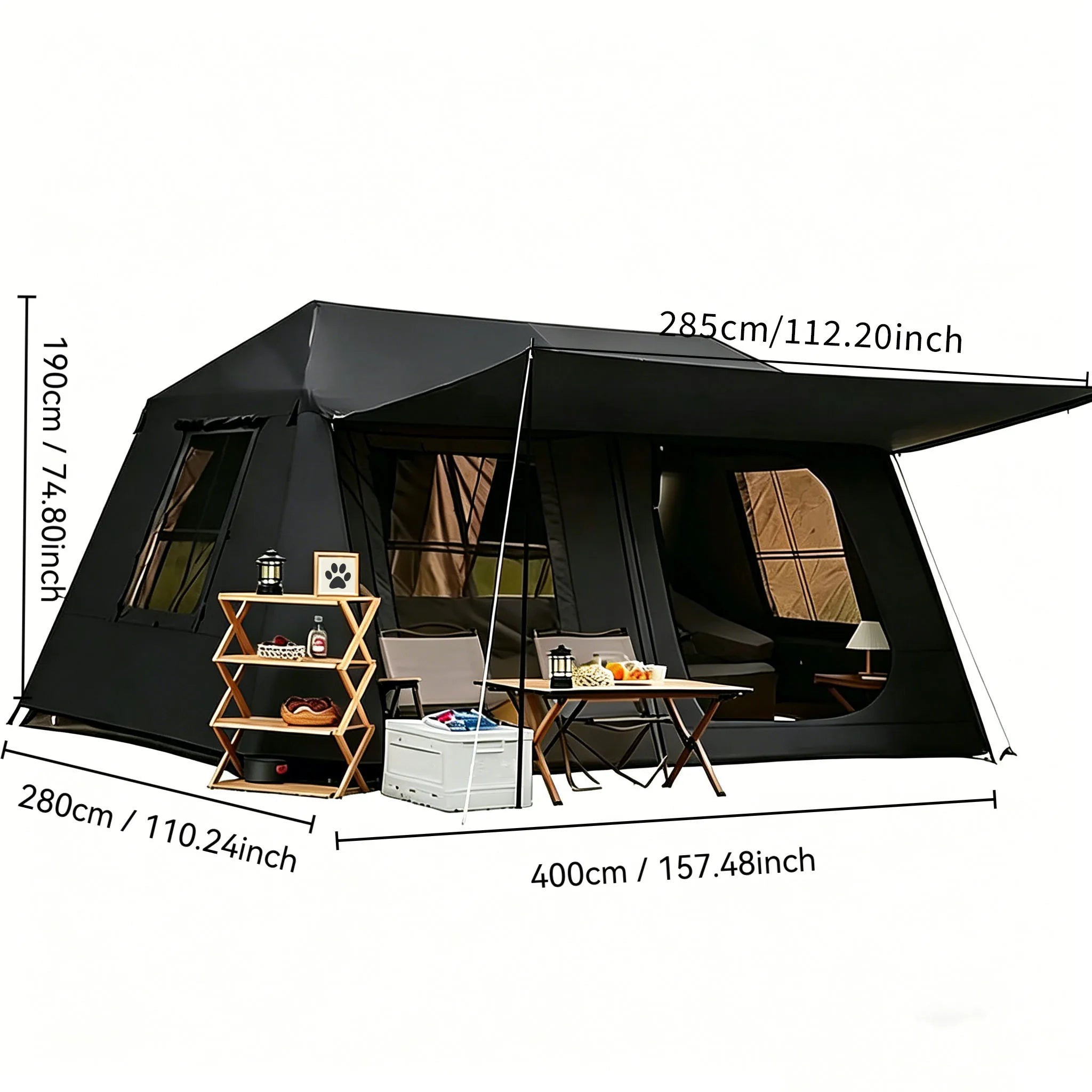 Automatic Quick-Set Outdoor Camping Tent with Front Awning; Spacious Interior Ideal for Family All-Weather