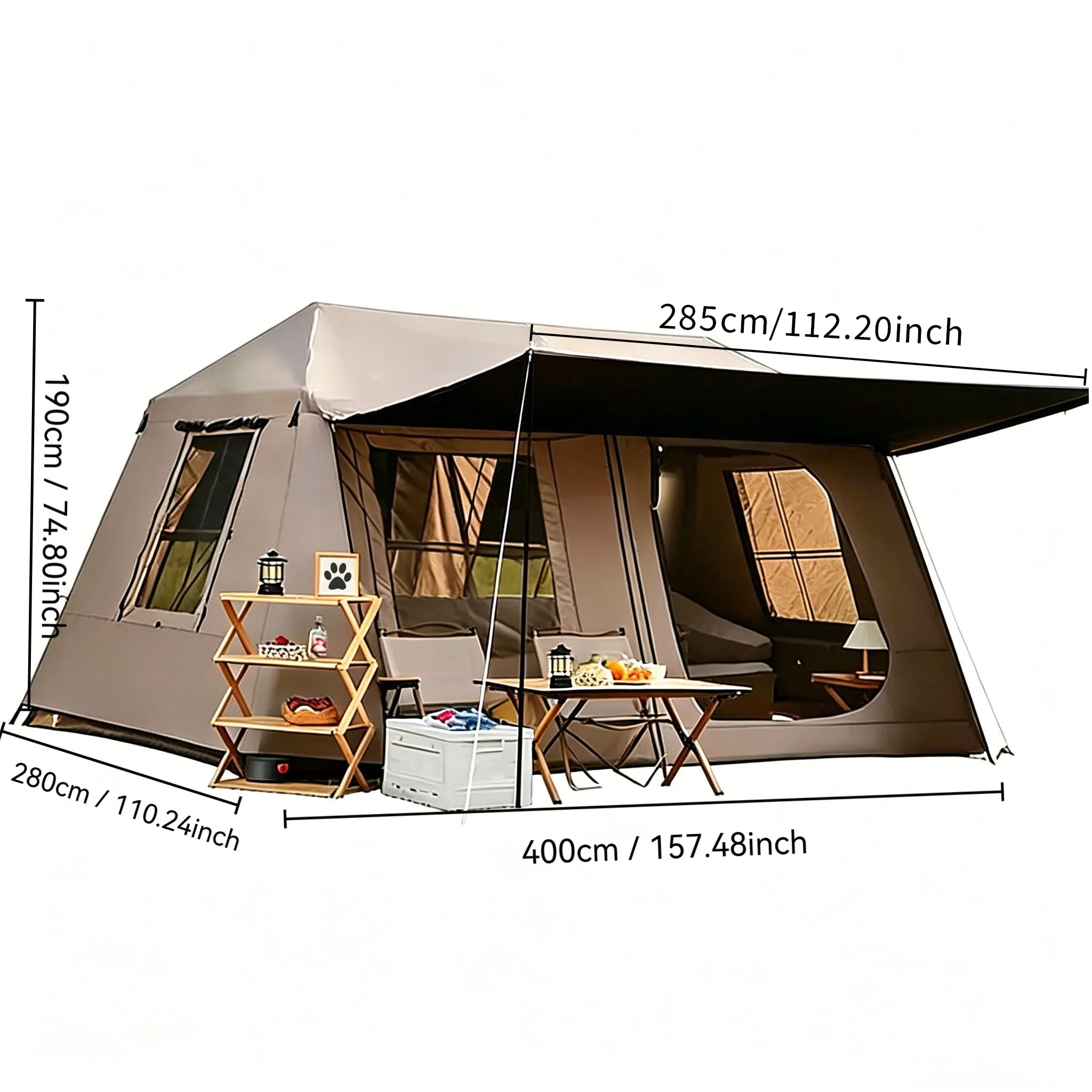 Automatic Quick-Set Outdoor Camping Tent with Front Awning; Spacious Interior Ideal for Family All-Weather