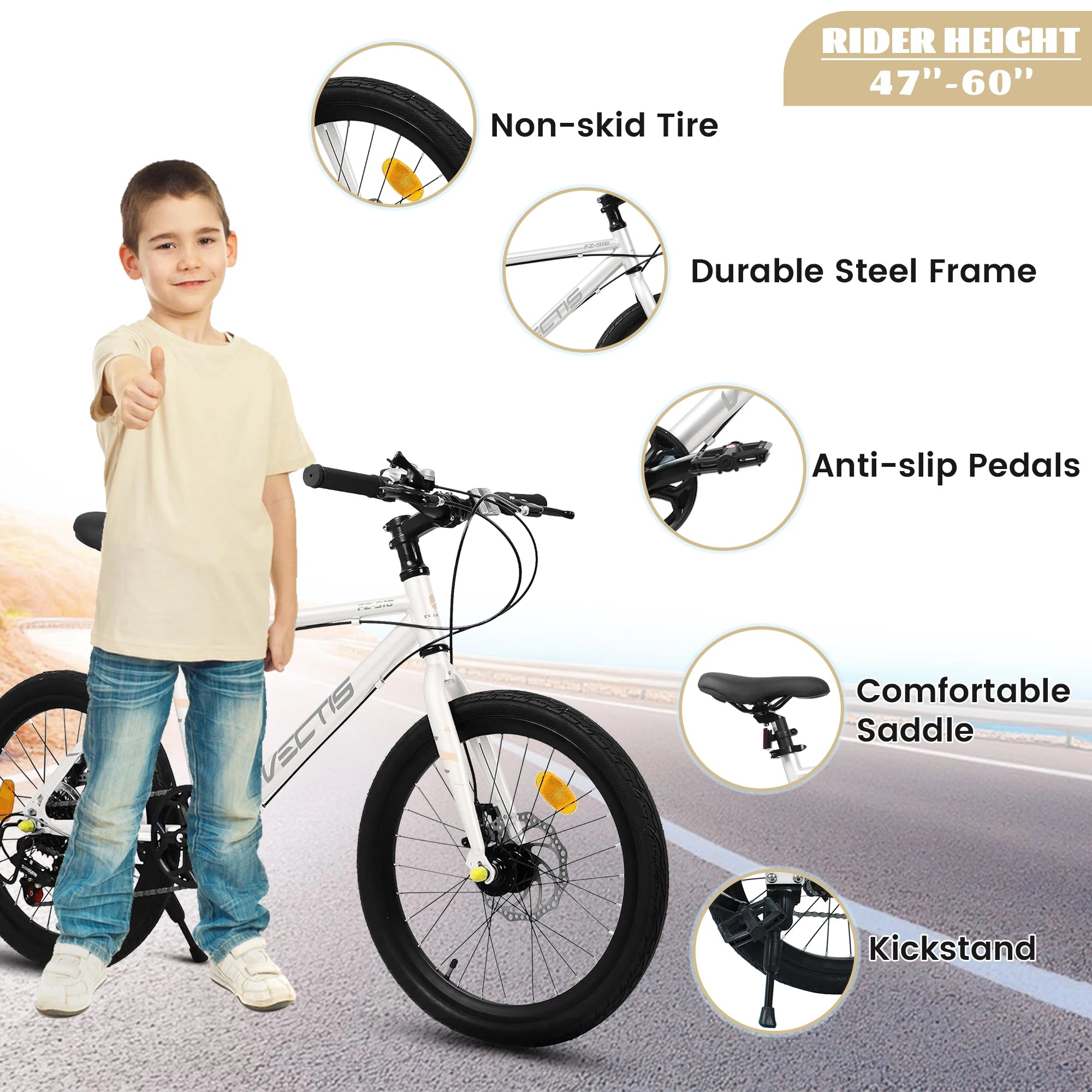 20 Inch Kids Bike for Boys Girls, 7-Speed Children Road Bike with Steel Frame and Dual Disc Brakes for Ages 6-12 Years Old