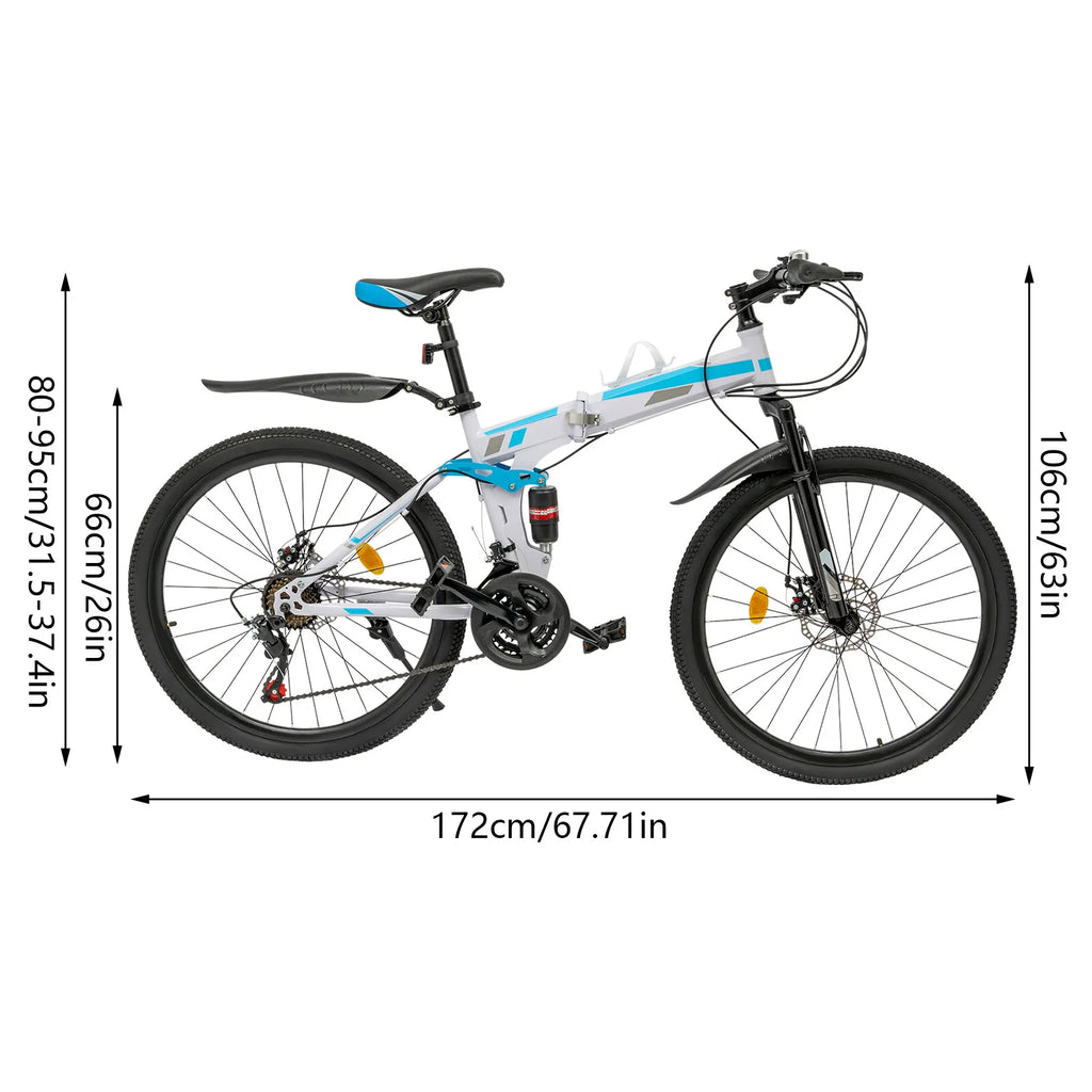 Foldable Mountain Bike High-Carbon Steel - 21-Speed Gear System&26In Wheel, Dual Disc Brakes&Dual Shock Absorbers