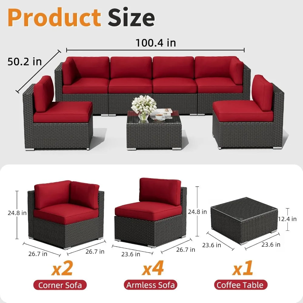 7-Piece Outdoor Patio Furniture Sofa Set Black Rattan Wicker Sectional with Glass Top Table and Cushions(Red)