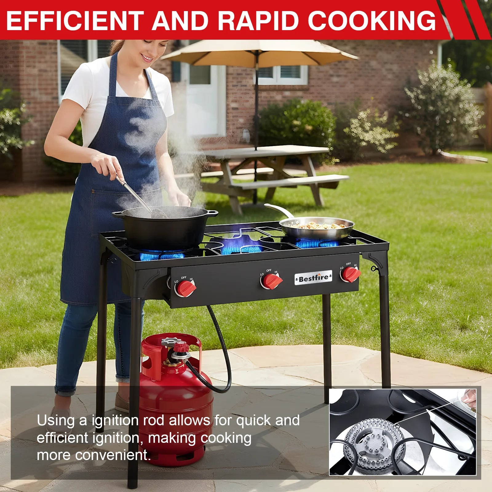 3 Burner Propane Camping Stove with Removable Legs Adjustable Regulator