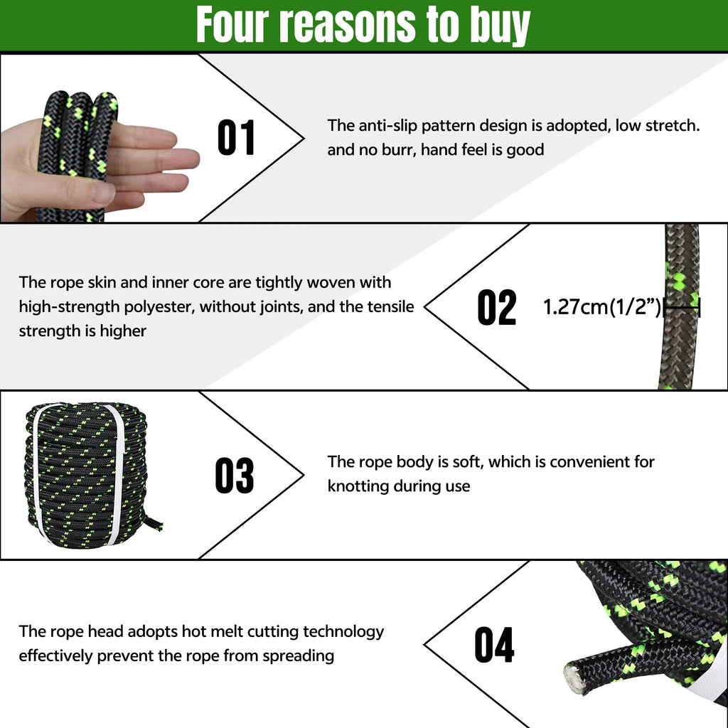 1/2 Inch Double Braided Polyester Rope 150Ft Black-Green-for Tree Climbing Rigging, Arborist