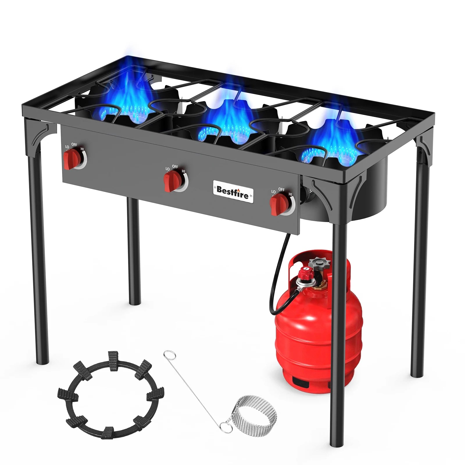 3 Burner Propane Camping Stove with Removable Legs Adjustable Regulator