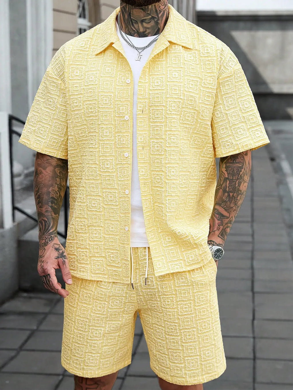 Men's Plus Size Summer Textured Jacquard Set