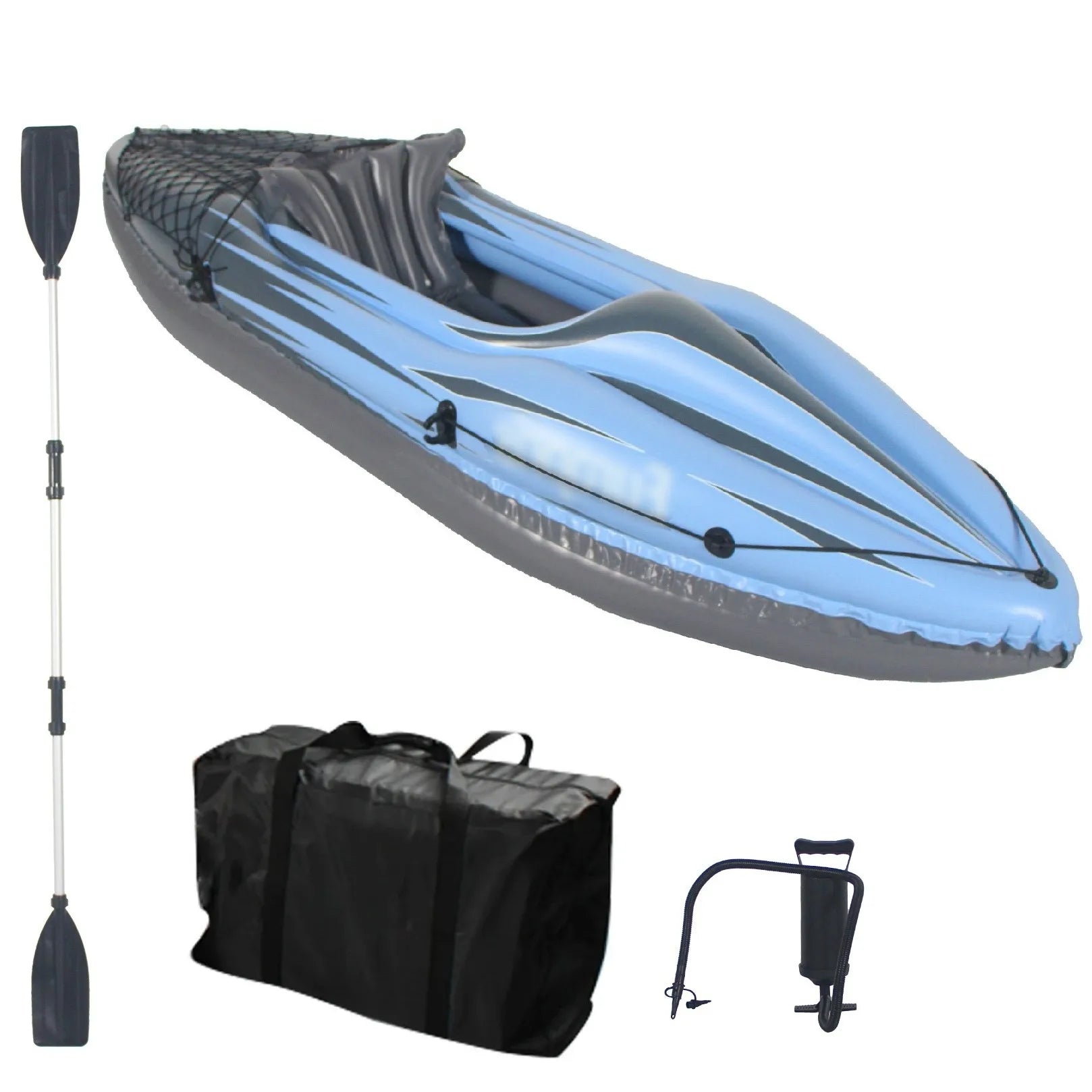 Inflatable 1 Person Adult Blue Canoe, with Paddles, Bag, Seats, High-Output Pump