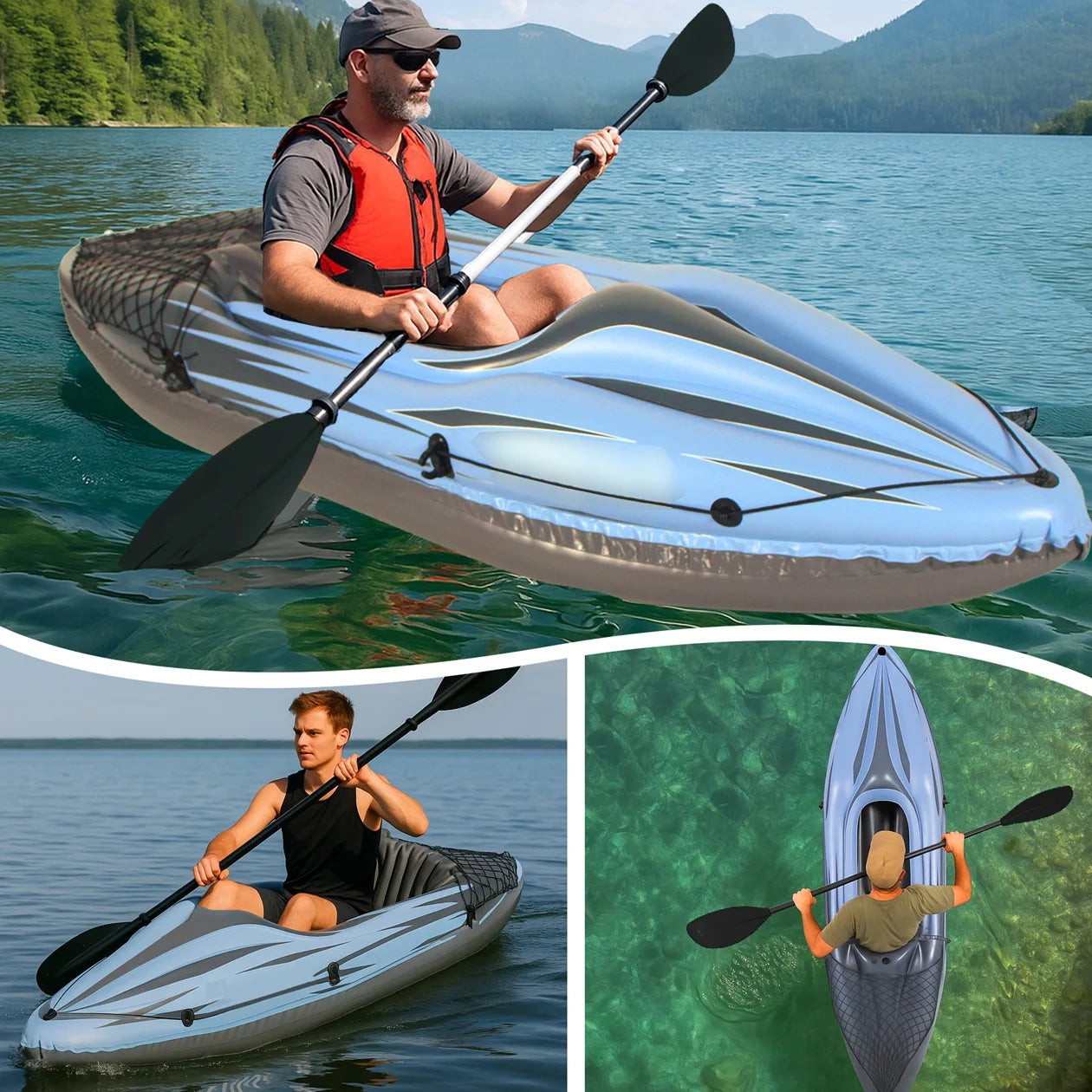 Inflatable 1 Person Adult Blue Canoe, with Paddles, Bag, Seats, High-Output Pump