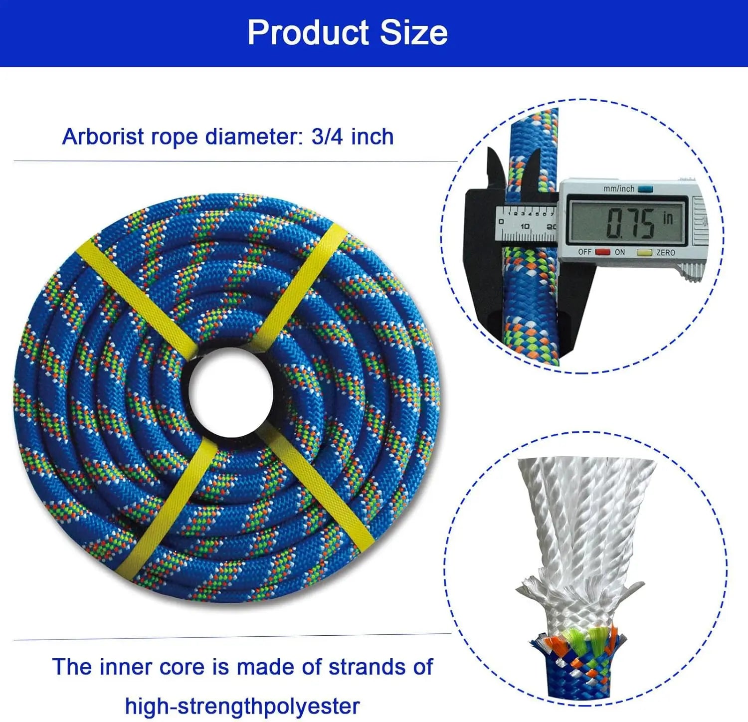 3/4" x 100 ft Double Braided Arborist Rope, High-Strength Polyester