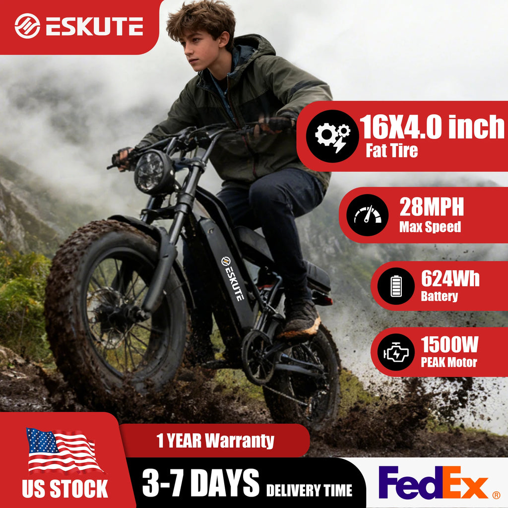 1500W Peak 28MPH 48V13Ah Motorcycle, 16"x4" Fat Tire 7-Speed Dual Suspension E-Bike,