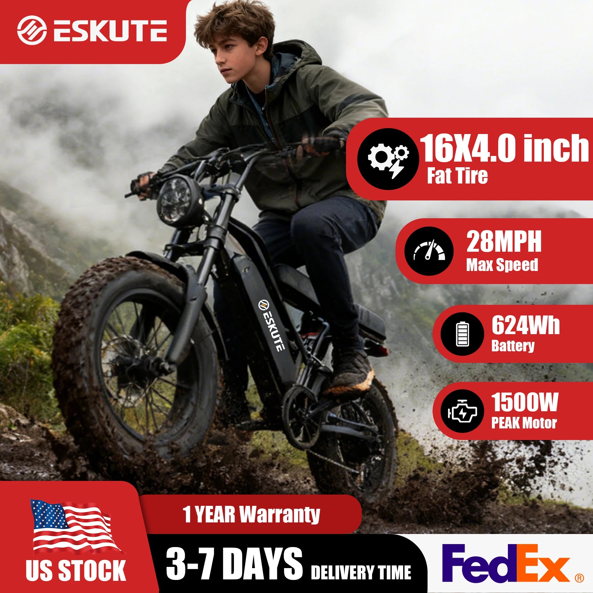 1500W Peak 28MPH 48V13Ah Motorcycle, 16"x4" Fat Tire 7-Speed Dual Suspension E-Bike,
