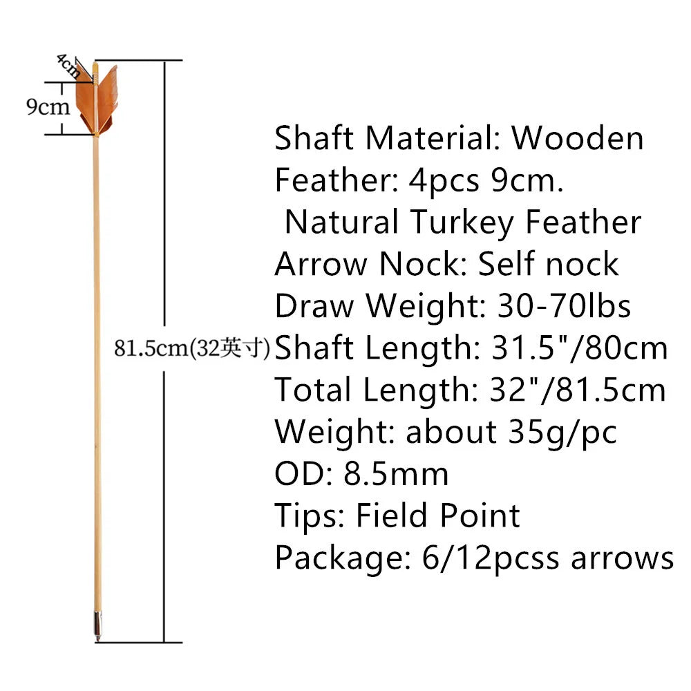 12pcs 32" Archery 8.5mm Wooden Arrow Recurve Traditional Bow Shooting White Wood Arrows Turkey Feathers Bow Hunting Accessories