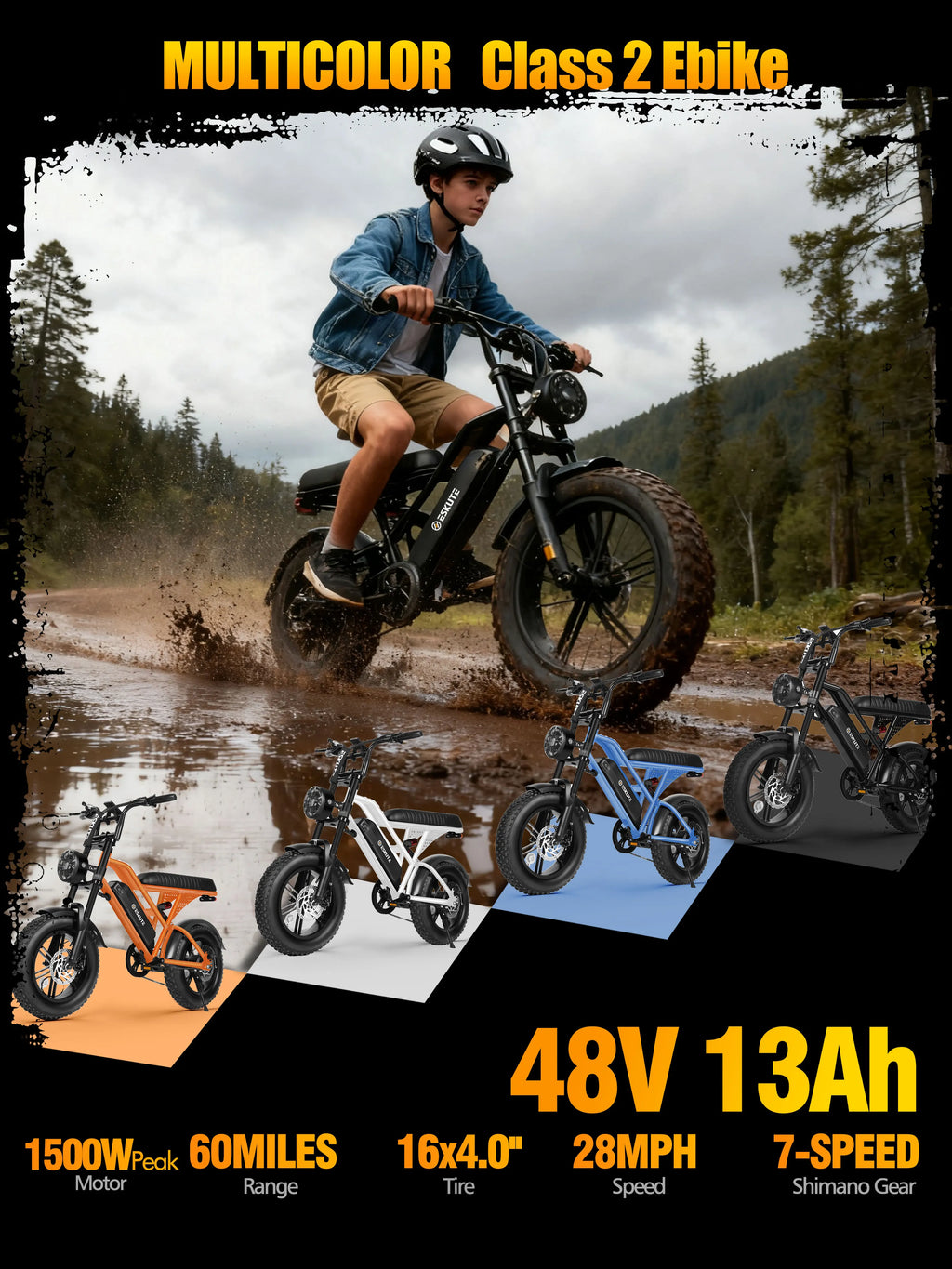 1500W Peak 28MPH 48V13Ah Motorcycle, 16"x4" Fat Tire 7-Speed Dual Suspension E-Bike,