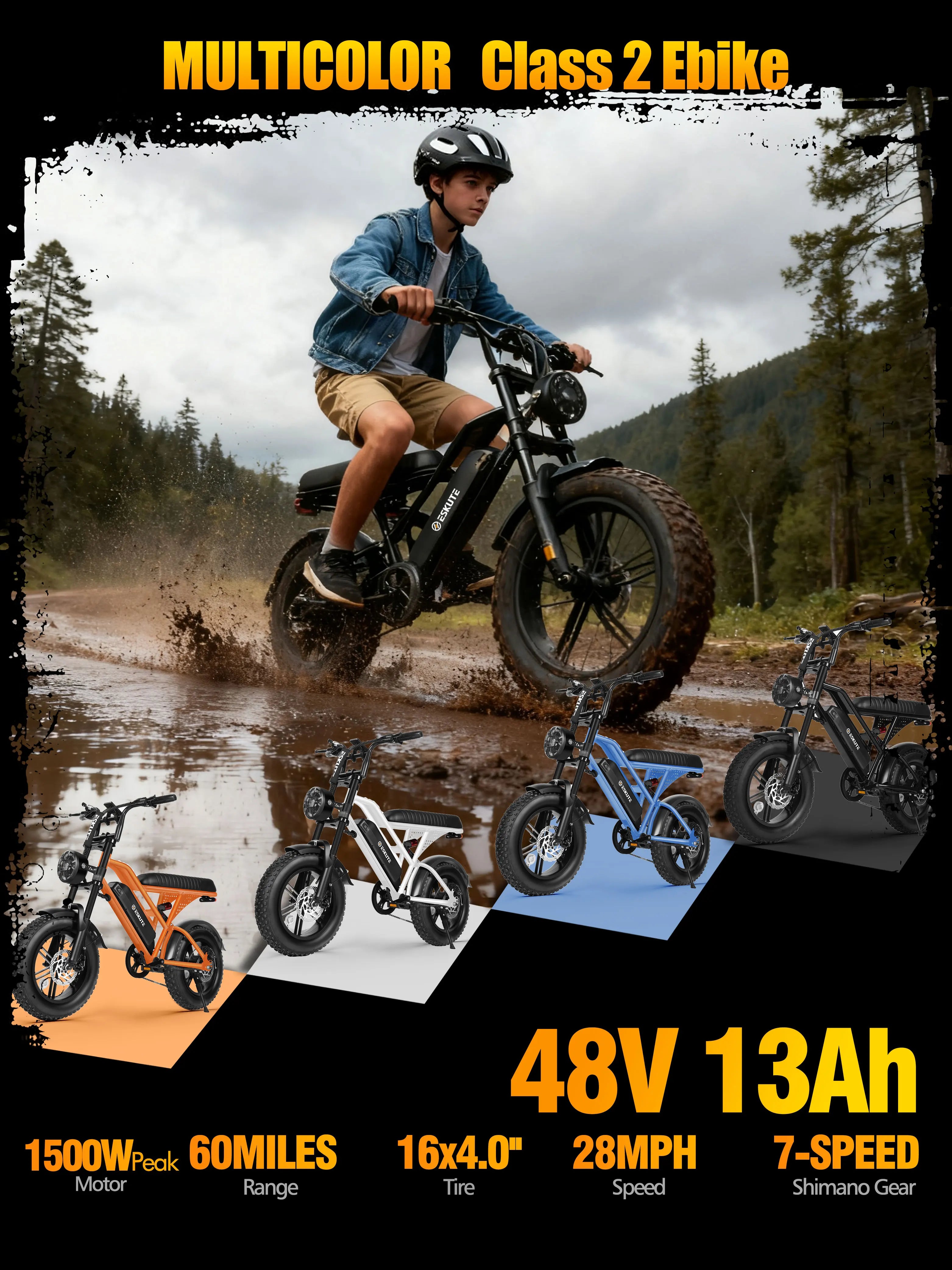 1500W Peak 28MPH 48V13Ah Motorcycle, 16"x4" Fat Tire 7-Speed Dual Suspension E-Bike,