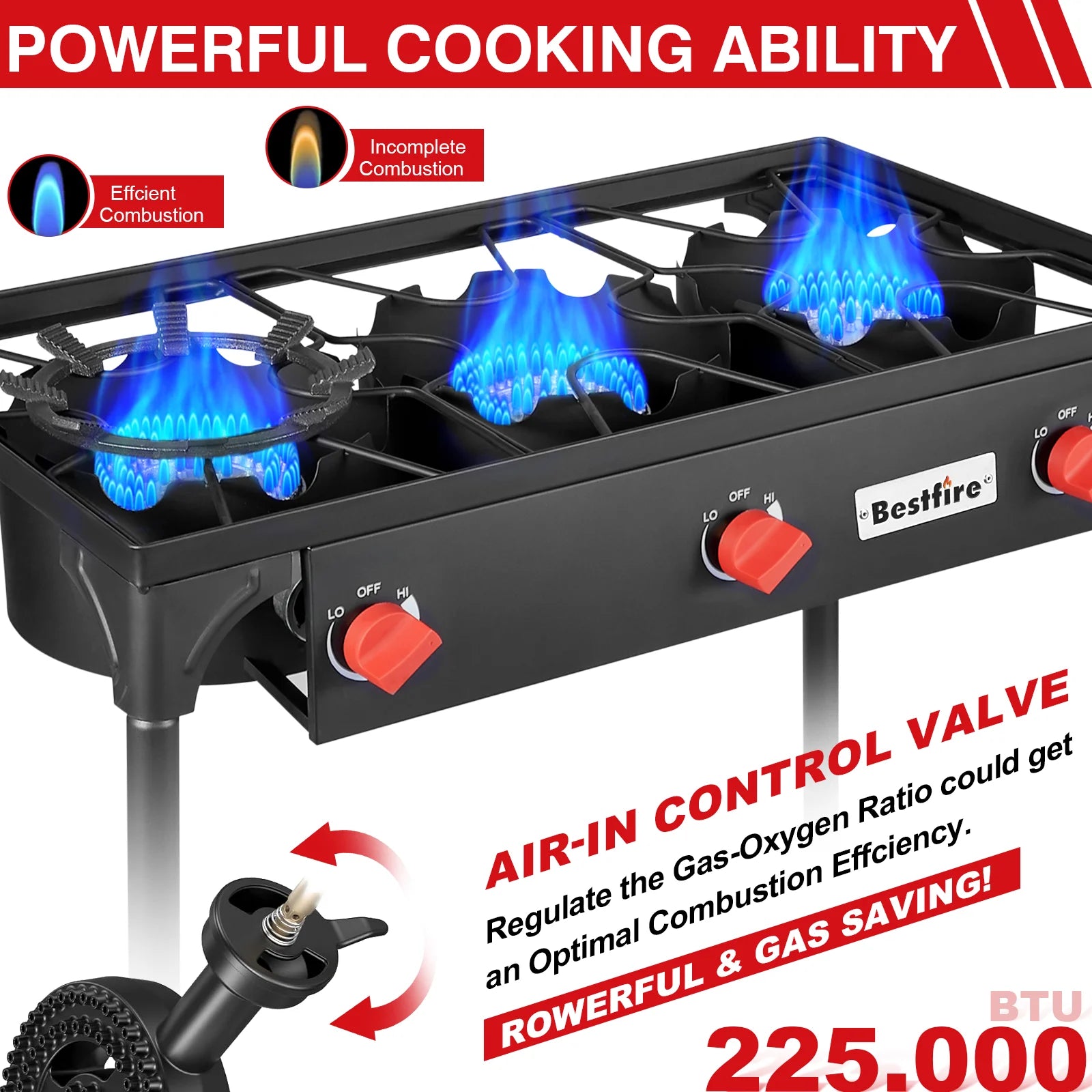 3 Burner Propane Camping Stove with Removable Legs Adjustable Regulator