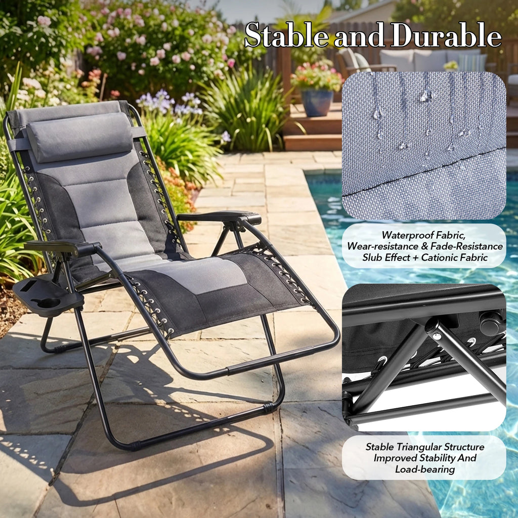 JHK Oversized Zero Gravity Cotton Padded Reclining Chair Foldable Lounge Chair with Adjustable Pillow Cup Holder For Patio