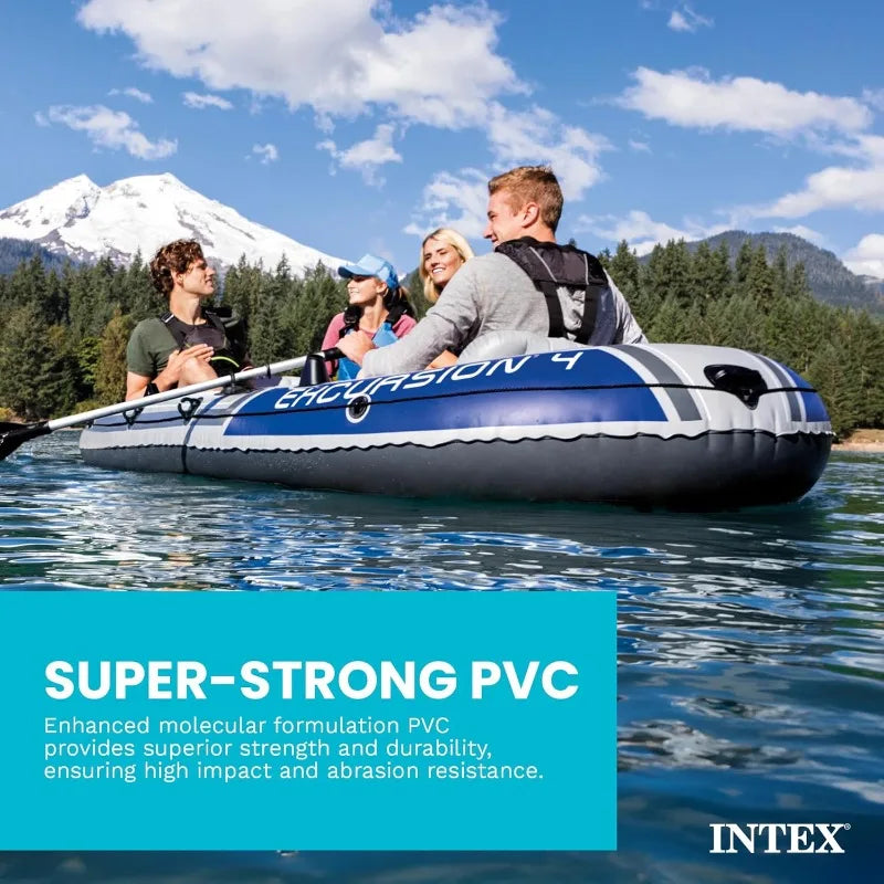 Excursion 4 Inflatable Boat Set: With 54in Boat Oars and High-Output Pump – Adjustable Seats