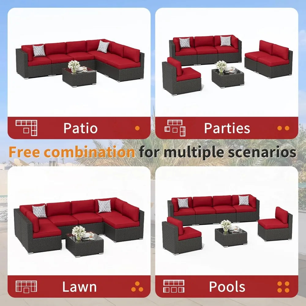 7-Piece Outdoor Patio Furniture Sofa Set Black Rattan Wicker Sectional with Glass Top Table and Cushions(Red)